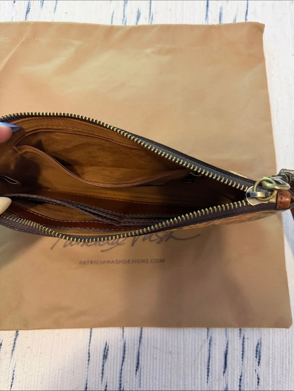 Patricia Nash Burgundy Floral Zip Wristlet with Brown Strap